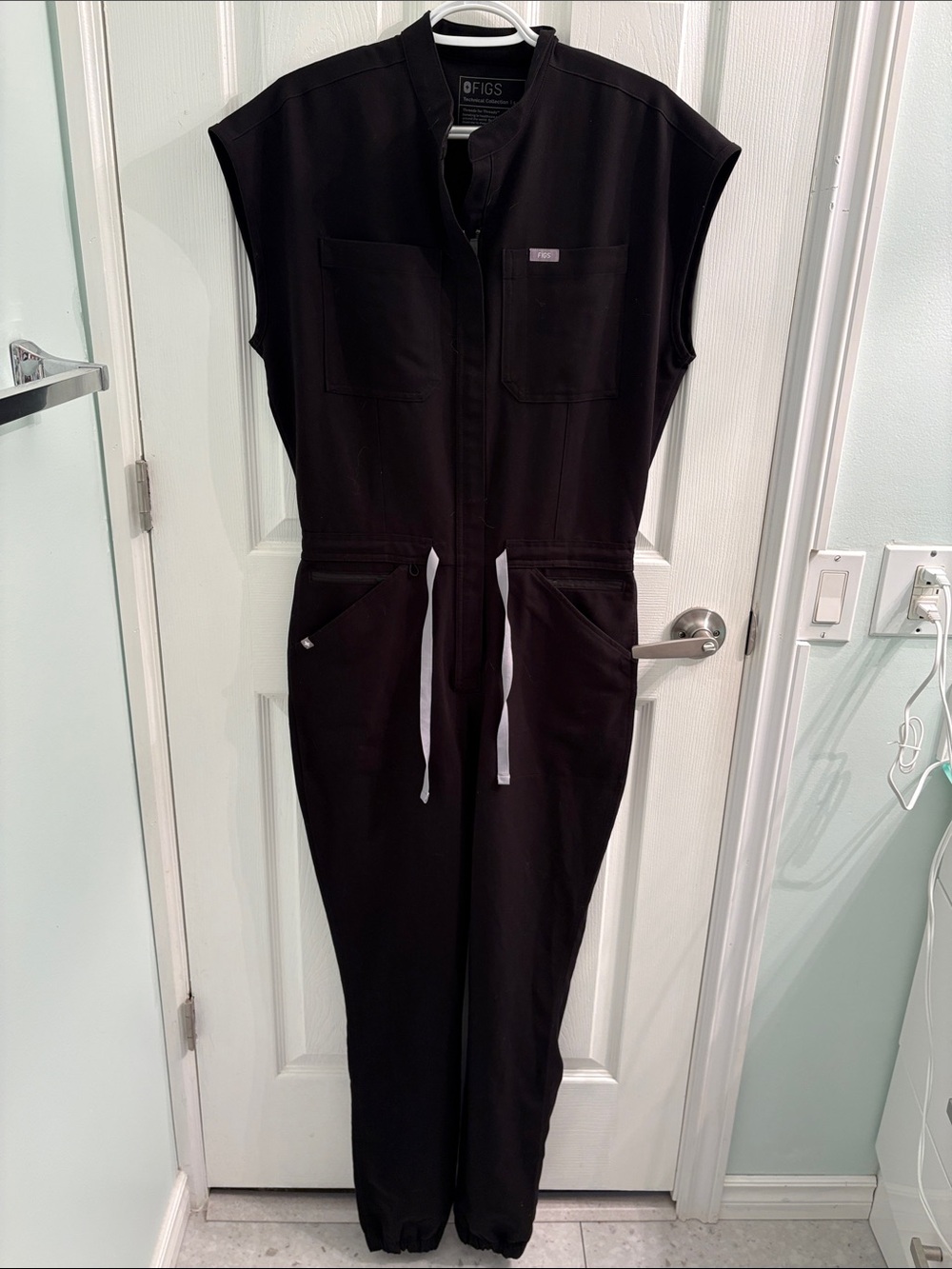 FIGS Black Sleeveless Utility Jumpsuit with White Drawstrings